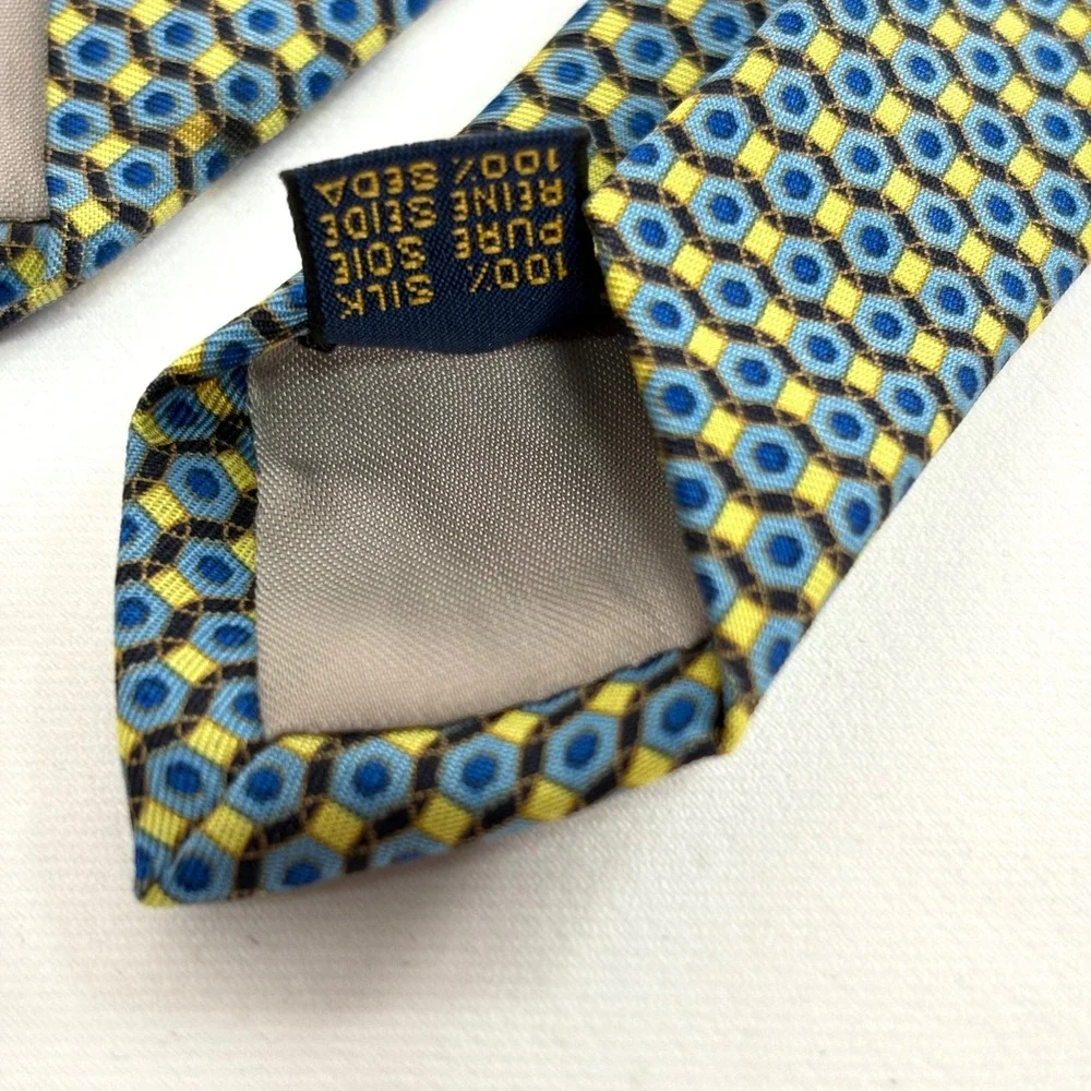 Richel Necktie‎ Blue Yellow Geometric Honeycomb Silk Hand Made Spain